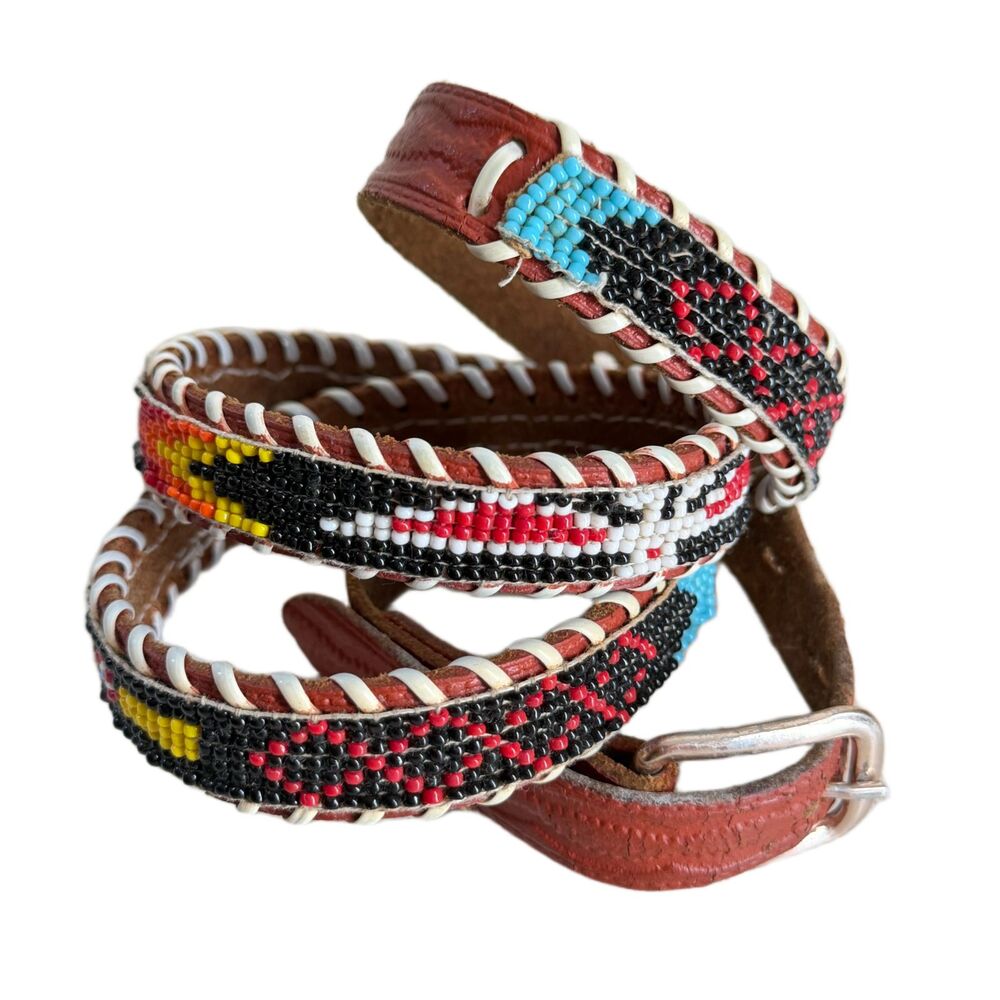 Vintage Handmade Indian Design Beaded Leather Belt L Thunderbird Arrow Black Red